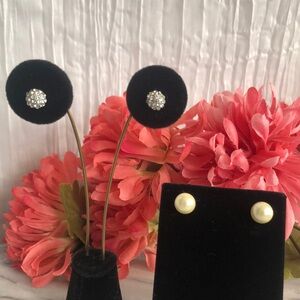 Vintage faux pearls solitaire earrings & faux diamond cluster ball earrings